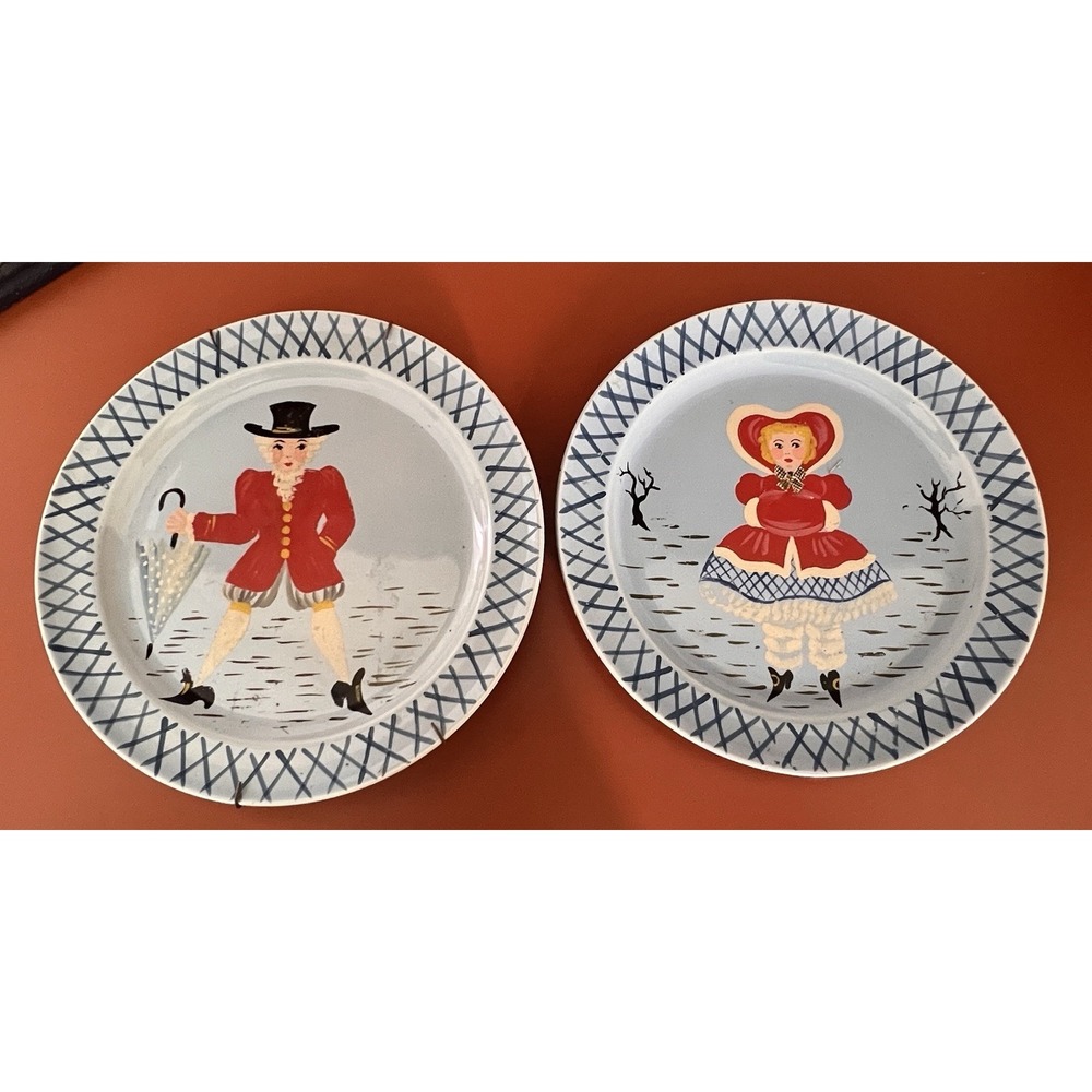 1944 Hand Painted Plates Decorative Vintage Antique Cottage Core Boy Girl Unique